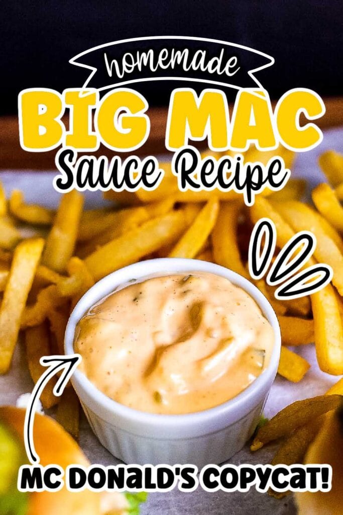 Homemade Copycat McDonald's Big Mac sauce in a small white dish with fries in the background with text overlay.