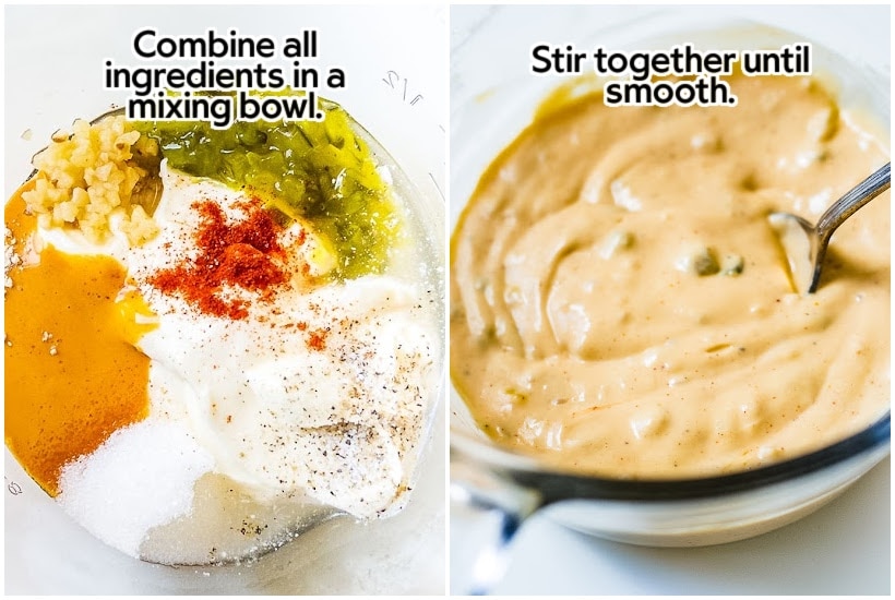 Side by side images of ingredients in a mixing bowl and sauce stirred together in a mixing bowl with text overlay.