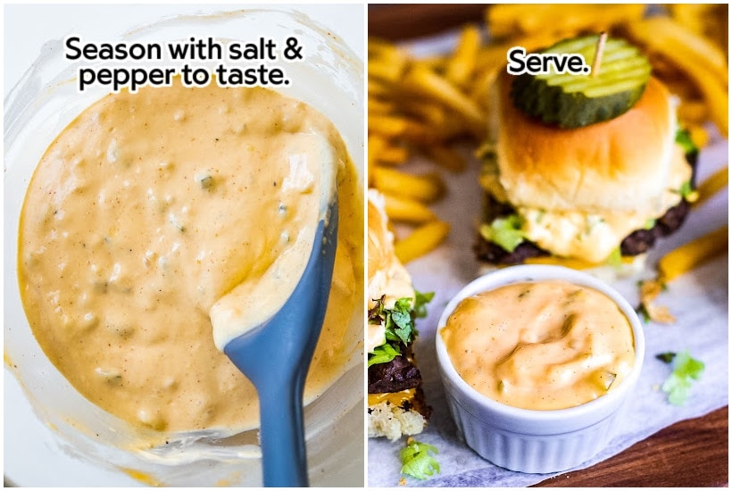 Two images of sauce with a large spoon inserted and a burger and fries with a small dish of homemade big mac sauce in front of it with text overlay.