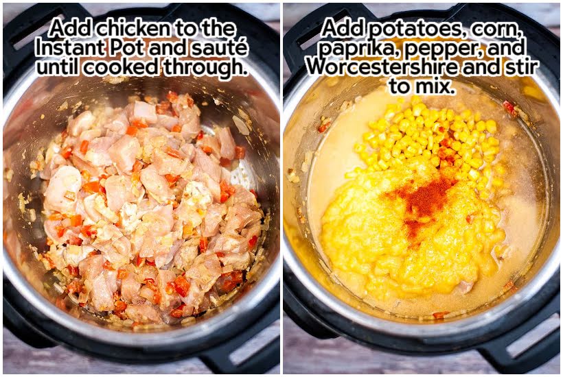 Two images of chicken added to pressure cooker and potatoes, corn and seasonings added with text overlay.
