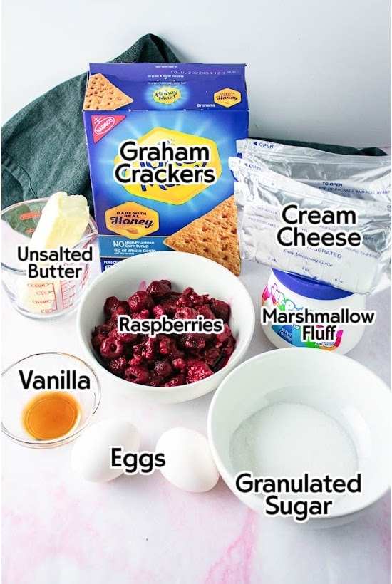 Ingredients needed to make raspberry cheesecake bars with text overlay.