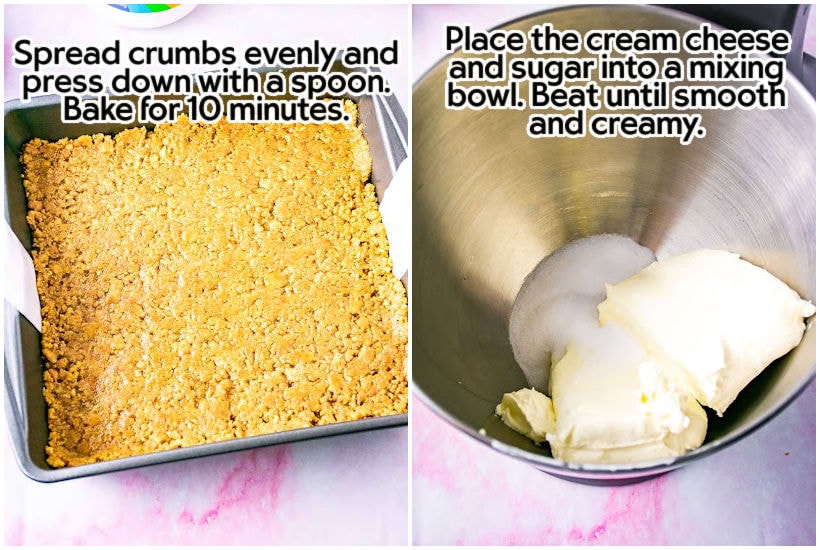 Side by side images of graham cracker crust in a 8x8 pan and cream cheese and sugar in a mixing bowl with text overlay.