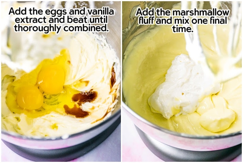 Two images of mixing bowls one with eggs and vanilla extract and one with marshmallow fluff added to batter with text overlay.