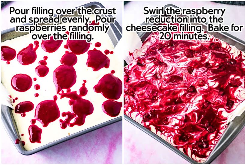 Adding the raspberry reduction sauce on top of the cheese cake layer and swirling it in.
