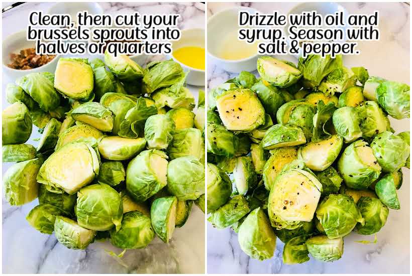 two image collage of brussels sprouts halved and brussels sprouts with oil and seasoning on them with text overlay.