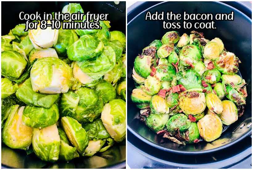 two images of brussels sprouts being cooked and bacon and maple syrup being added to brussels sprouts in air fryer basket with text overlay.