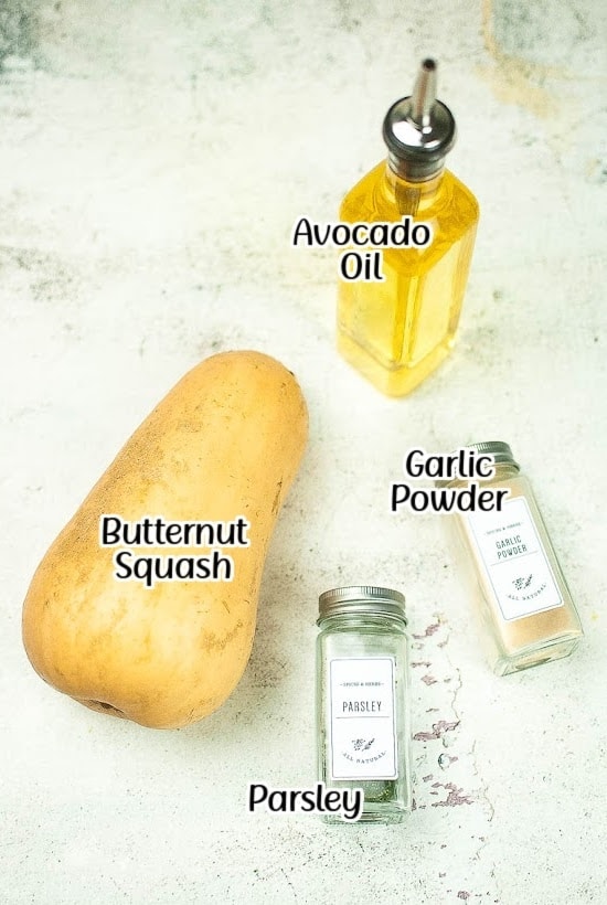 ingredients needed to make air fryer butternut squash with text overlay.