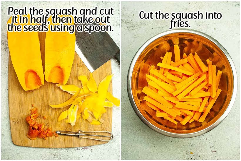 side by side images of peeled squash and squash cut into fries in a mixing bowl with text overlay.