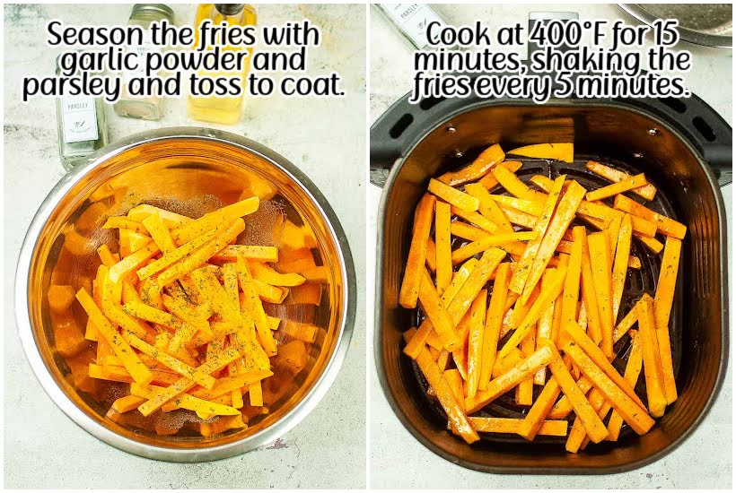 two images of bowl of fries with seasoning and air fryer basket with squash fries with text overlay.