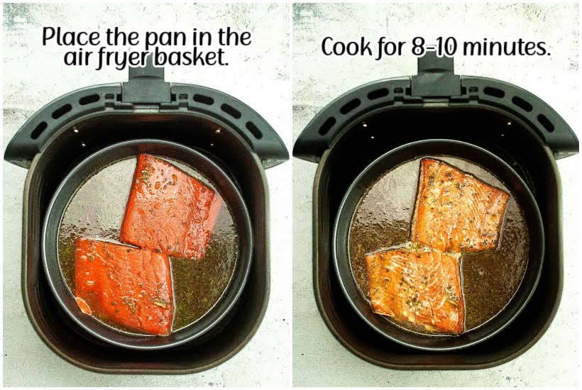 two images of salmon in the air fryer and salmon after being cooked in the basket with text overlay.