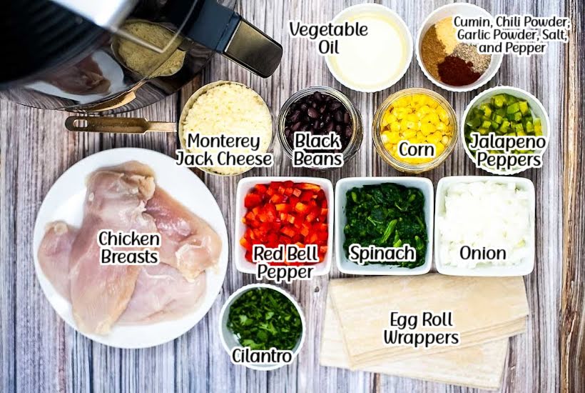 ingredients needed to make air fried Southwest egg rolls with text overlay.