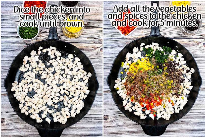 two images of diced chicken in skillet and veggies and spices added to chicken with text overlay.