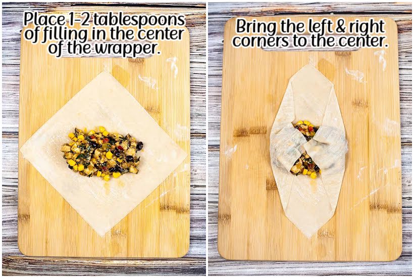 side by side images of egg rolls wrapper on cutting board with filling inside and corners folded with text overlay.