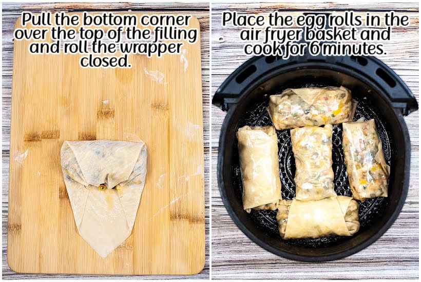 two images of egg roll folded up and Southwest egg rolls in air fryer with text overlay.