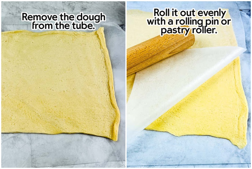 Side by side images of dough on counter and dough with parchment paper on it and a rolling pin with text overlay.