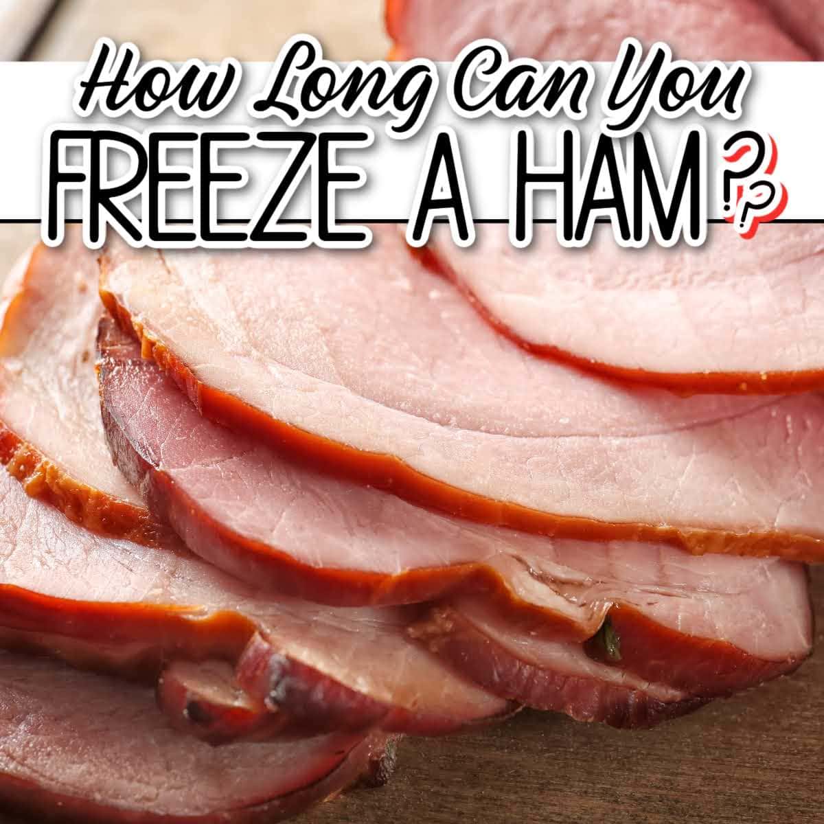 closeup view of slices of honey baked ham on wooden board with text overlay.