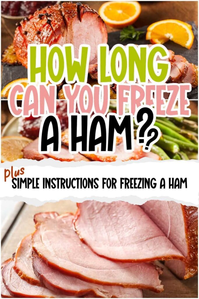 two photo collage of sliced hams with vegetables and text overlay.