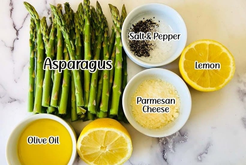 Labelled ingredients needed to make air fried lemon parmesan asparagus.