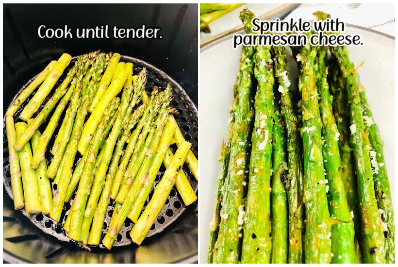 Two images of asparagus in air fryer basket and asparagus sprinkled with parmesan cheese with text overlay.