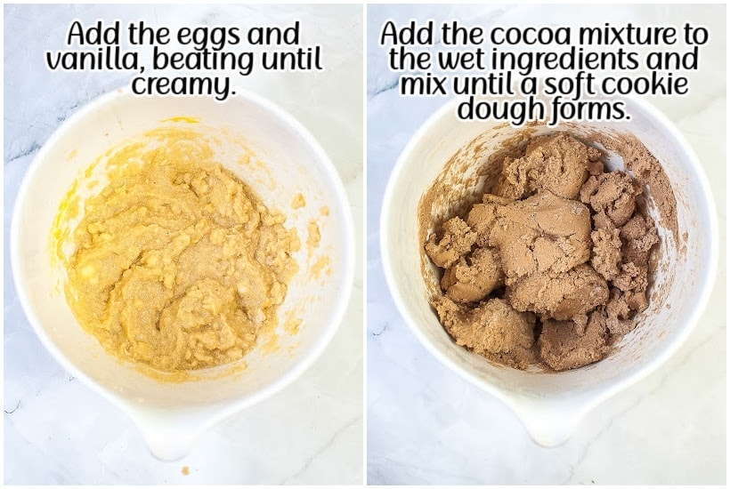 two images of eggs and vanilla added to dough and cocoa mixture added to wet ingredients in a mixing bowl with text overlay.