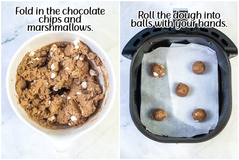 two images of chocolate chips and marshmallows added to cookie dough and dough balls added to air fryer with text overlay.