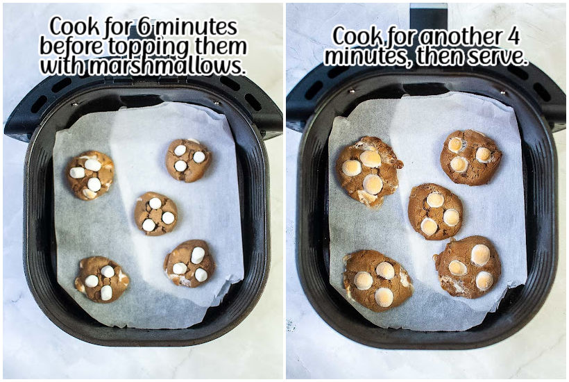 Two images of parchment paper lined air fryer basket with hot cocoa cookies half way through cooking with marshmallows added and cookies after they have been baked in air fryer with text overlay.