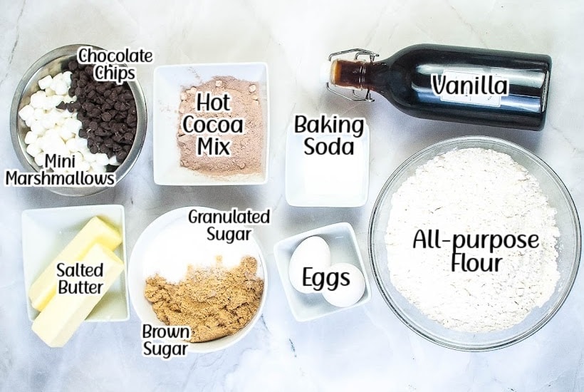 ingredients needed to make hot chocolate cookies with mini marshmallows with text overlay.