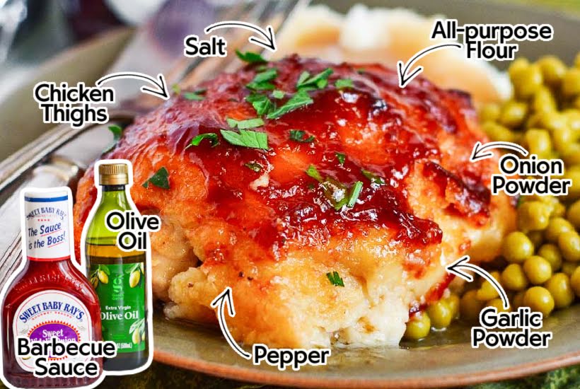 BBQ Baked Chicken Thighs with text overlay of ingredient list over photo of piece of  bbq chicken.