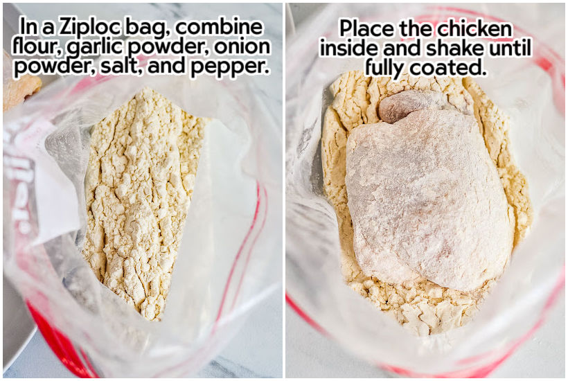 Side by side images of seasonings in a bag and chicken added to the seasonings with text overlay.