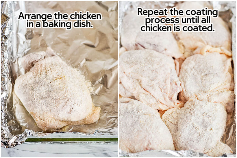 Side by side images of breaded chicken thighs in a foiled lined pan with text overlay.