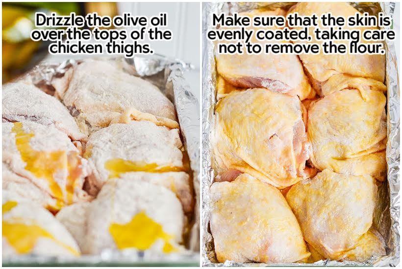 Two images of olive oil drizzled over meat and olive oil covering meatt with text overlay.