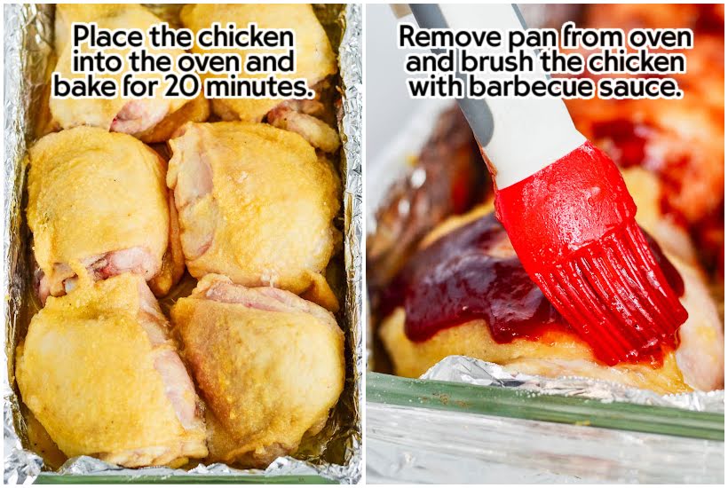 Two images of chicken thighs in foiled lined pans and brush basting the chicken with bbq sauce with text overlay.