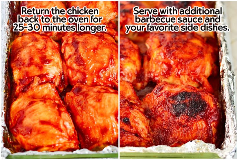 Two images of BBQ Baked Chicken Thighs after being baked with text overlay.