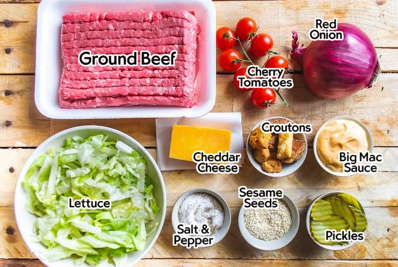 Labelled ingredients needed to make Big Mac in a Bowl salad.