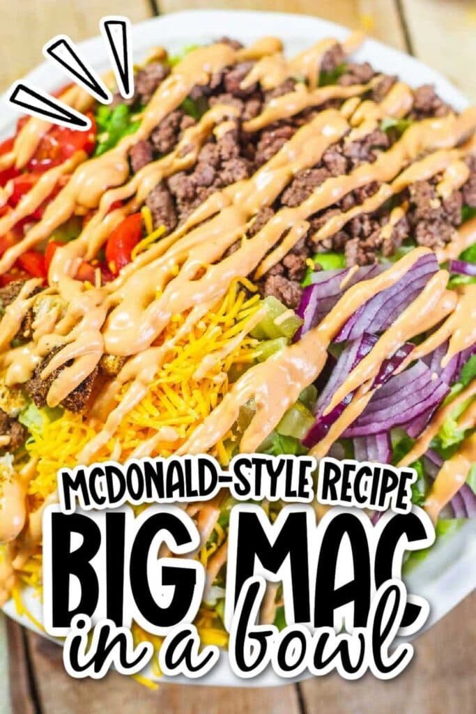 Overhead view of Big Mac in a Bowl salad with text overlay.