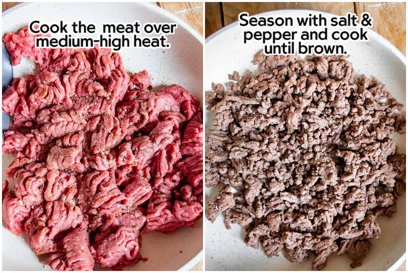 Side by side images of uncooked ground beef and cooked ground beef with text overlay.