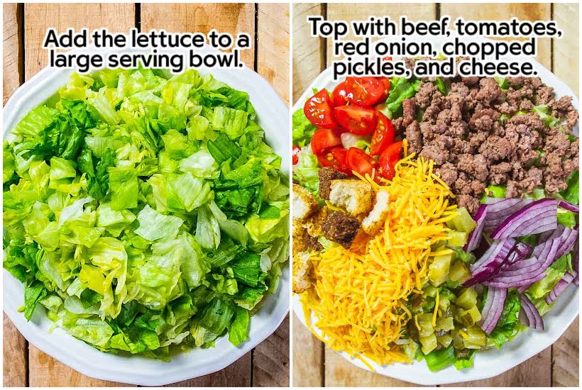 Side by side images of lettuce in a bowl and toppings on hamburger salad with text overlay.