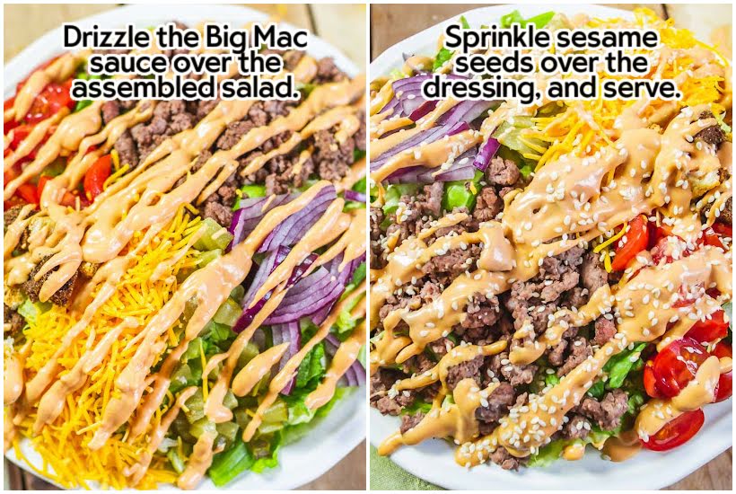 Two images of hamburger salad with dressing and then with sesame seeds with text overlay.