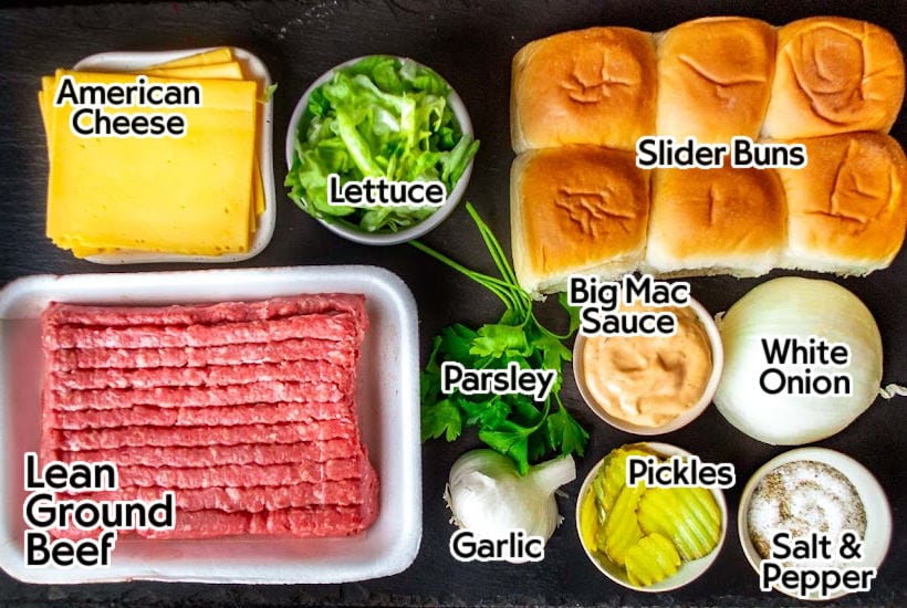 Labeled ingredients needed to make Big Mac sliders.