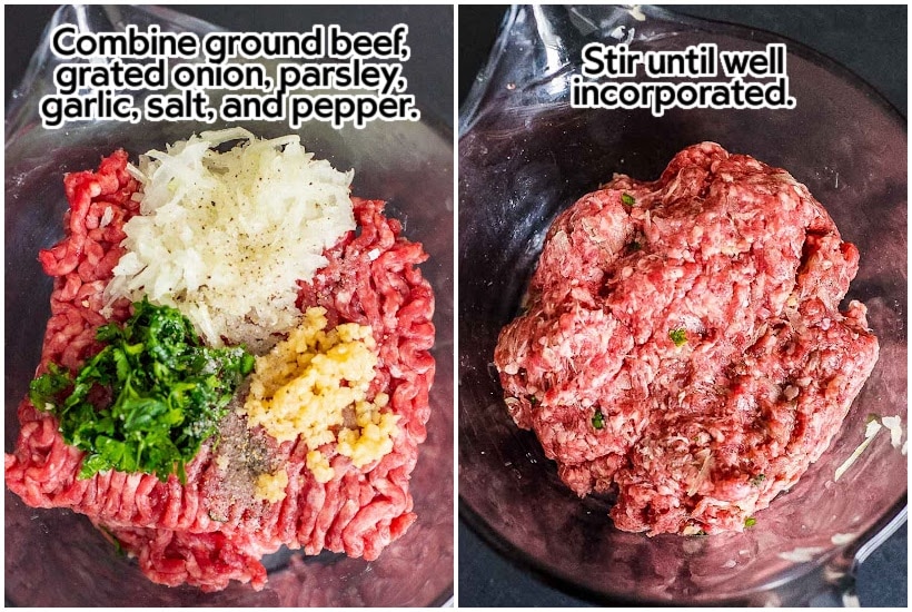 Two images of ground beef with seasonings and meat stirred together with text overlay.
