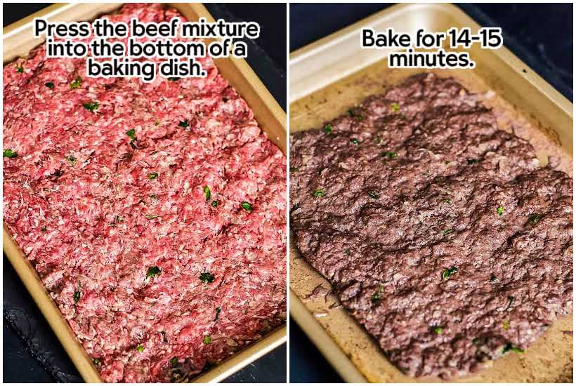Side by side images of beef pressed into a baking pan and meat after being cooked with text overlay.