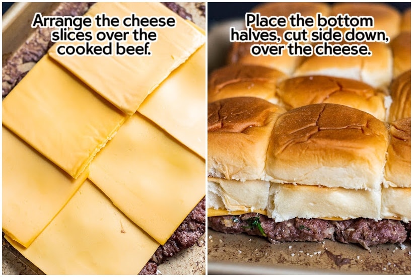 Two images of cheese slices arranged on beef and buns placed on sliders with text overlay.