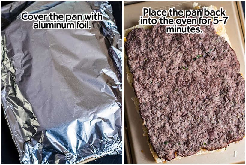 Side by side images of the pan covered with foil and meat covering the bottom of the buns.