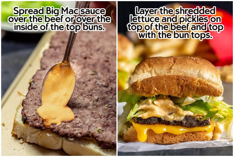 Two images of sauce being spread on cooked beef and a slider on parchment paper with text overlay.