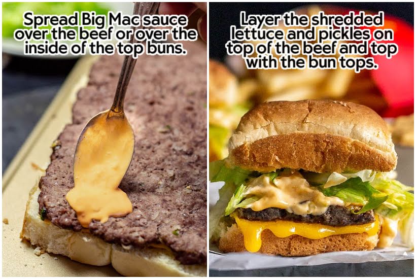 Two images of sauce being spread on cooked beef and a slider on parchment paper with text overlay.