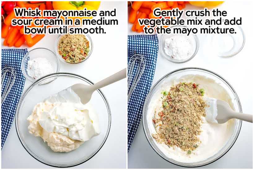 side by side photos showing mixing sour cream with mayonnaise and adding seasonings with text overlay.