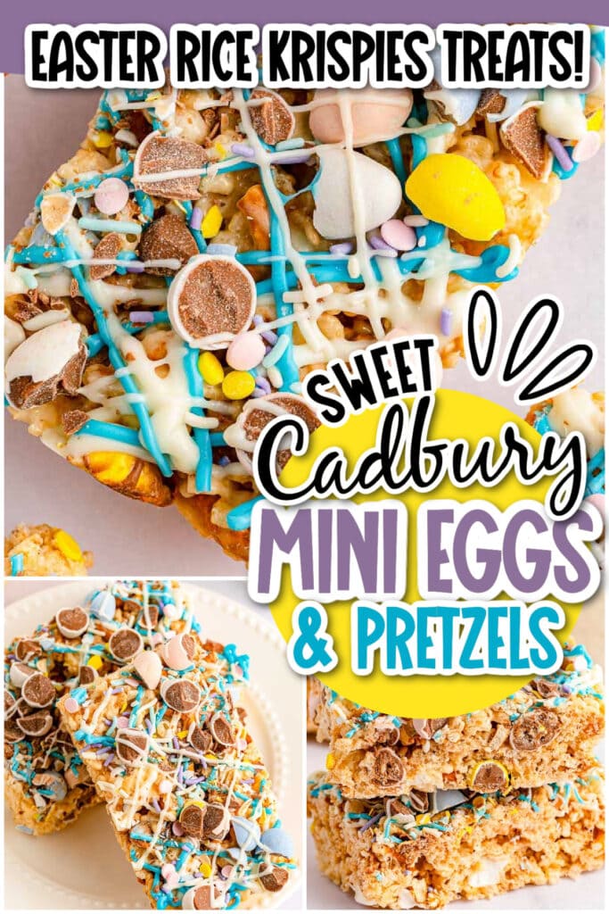 collage of photos showing various angles of mini egg Rice Krispies treats with text overlay.