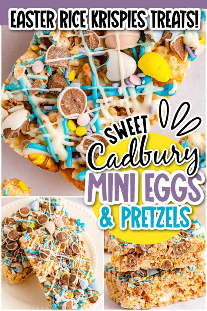 Collage of photos showing various angles of mini egg Rice Krispies treats with text overlay.