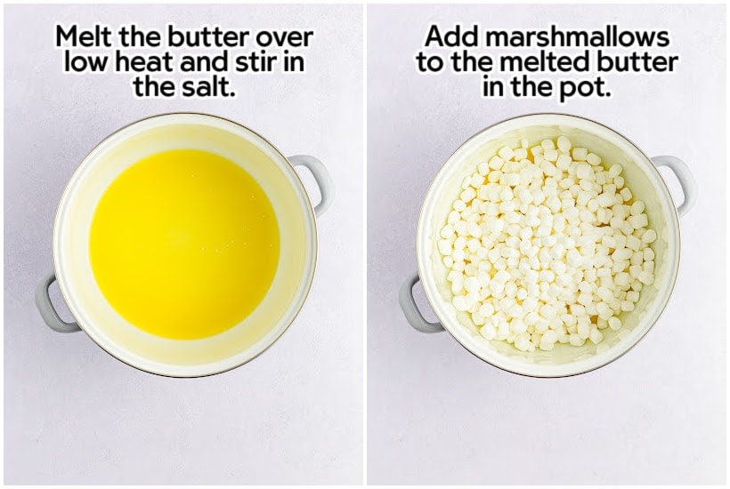 side by side images showing melted butter and marshmallows added to melted butter with text overlay.