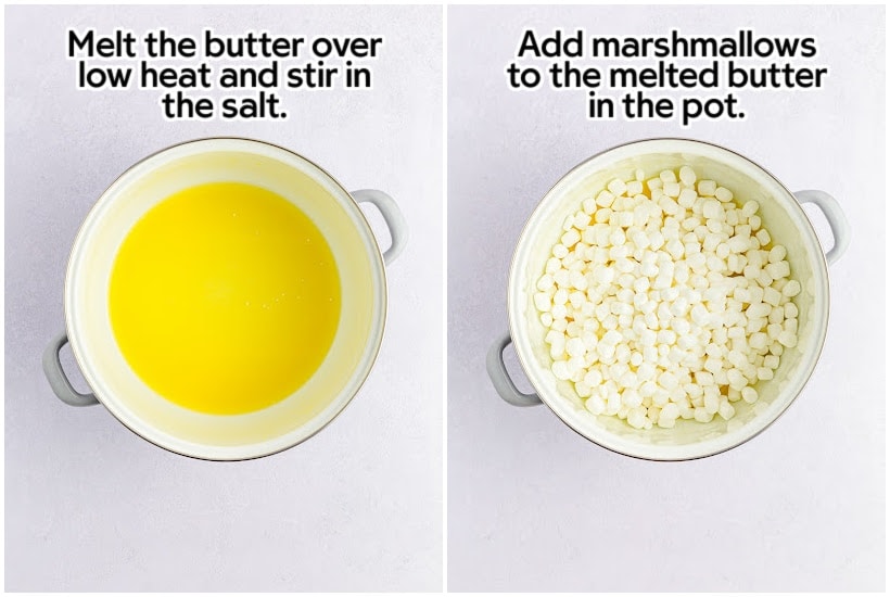 Side by side images showing melted butter and marshmallows added to melted butter with text overlay.